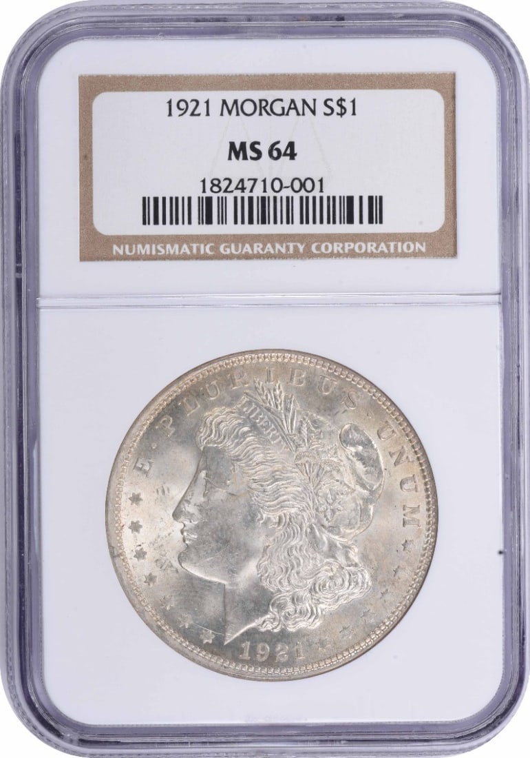 MS64 Morgan Dollar 1921 Silver: MS64 Morgan Dollar 1921 Silver The MS64 Morgan Dollar 1921 Silver boasts an impressive grade, showcasing its exceptional condition with subtle wear and minimal imperfections. This 90% silver coin, min