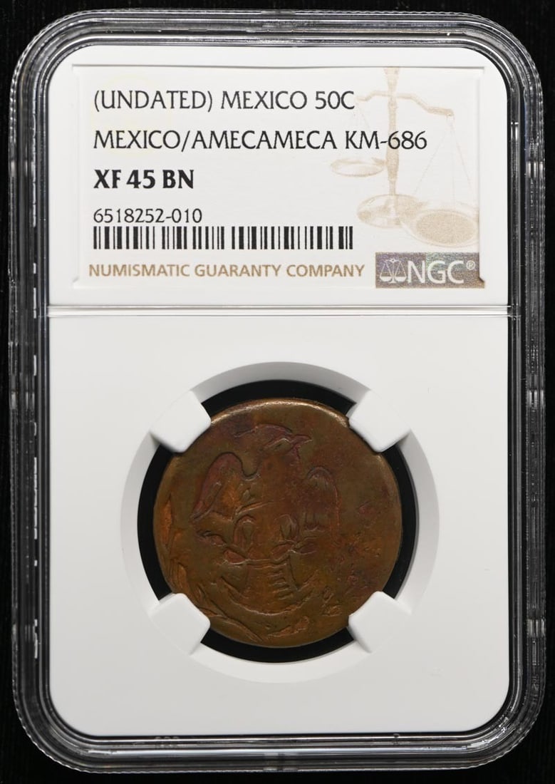(UNDATED) (1915) MEXICO MEXICO/ AMECAMECA 50C KM-686 GB-254 NGC XF45BN: (UNDATED) (1915) MEXICO MEXICO/ AMECAMECA 50C KM-686 GB-254 NGC XF45BN The 1915 Mexico 50C coin features a distinctive design and bears the signature of its artist. Circulated and graded XF45 by NGC,