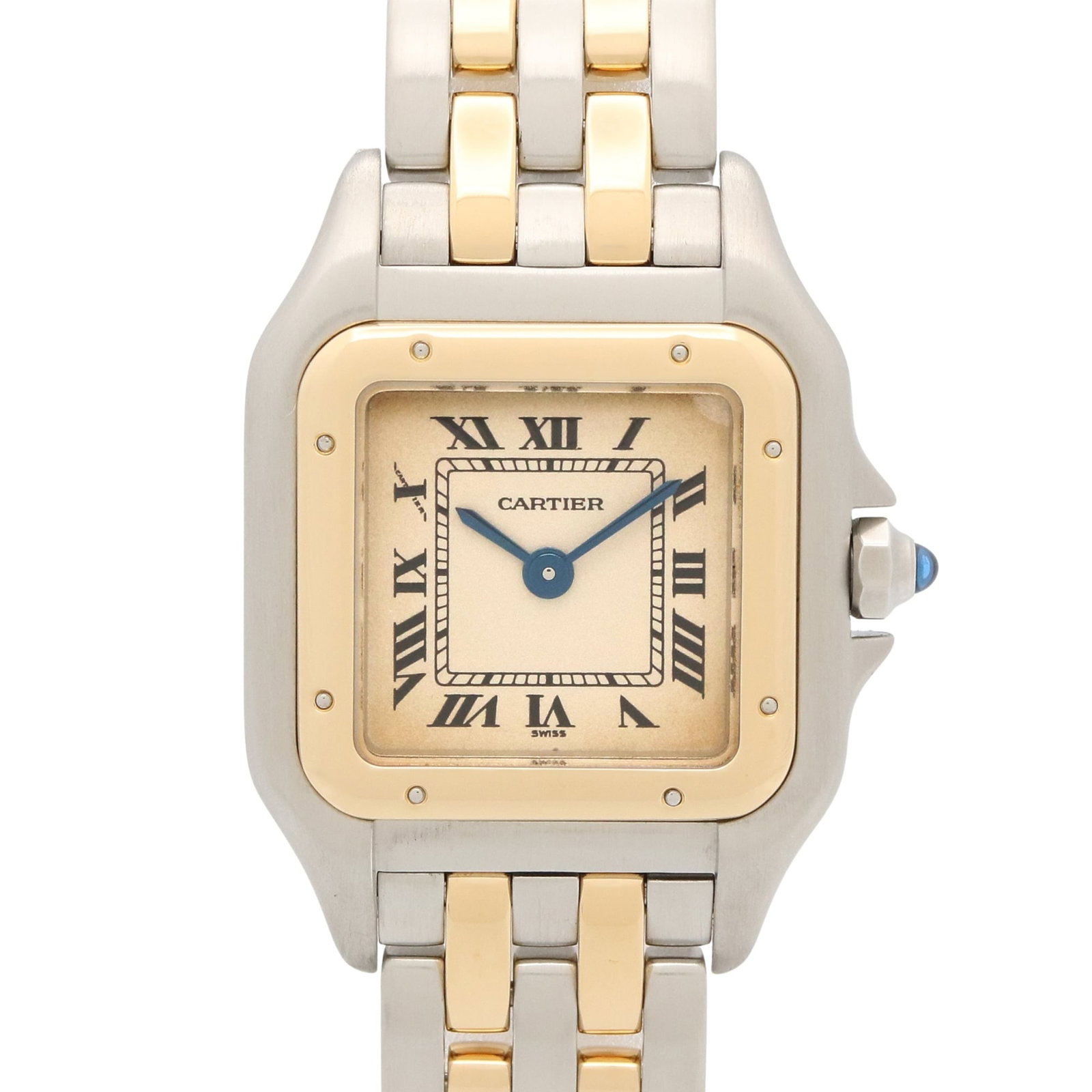 Cartier Wristwatch: Cartier Wristwatch Stainless steel and yellow gold (18K) combine in this elegant Cartier wristwatch, featuring an ivory dial and quartz movement. The 21.5mm case diameter and 16cm band length make it 