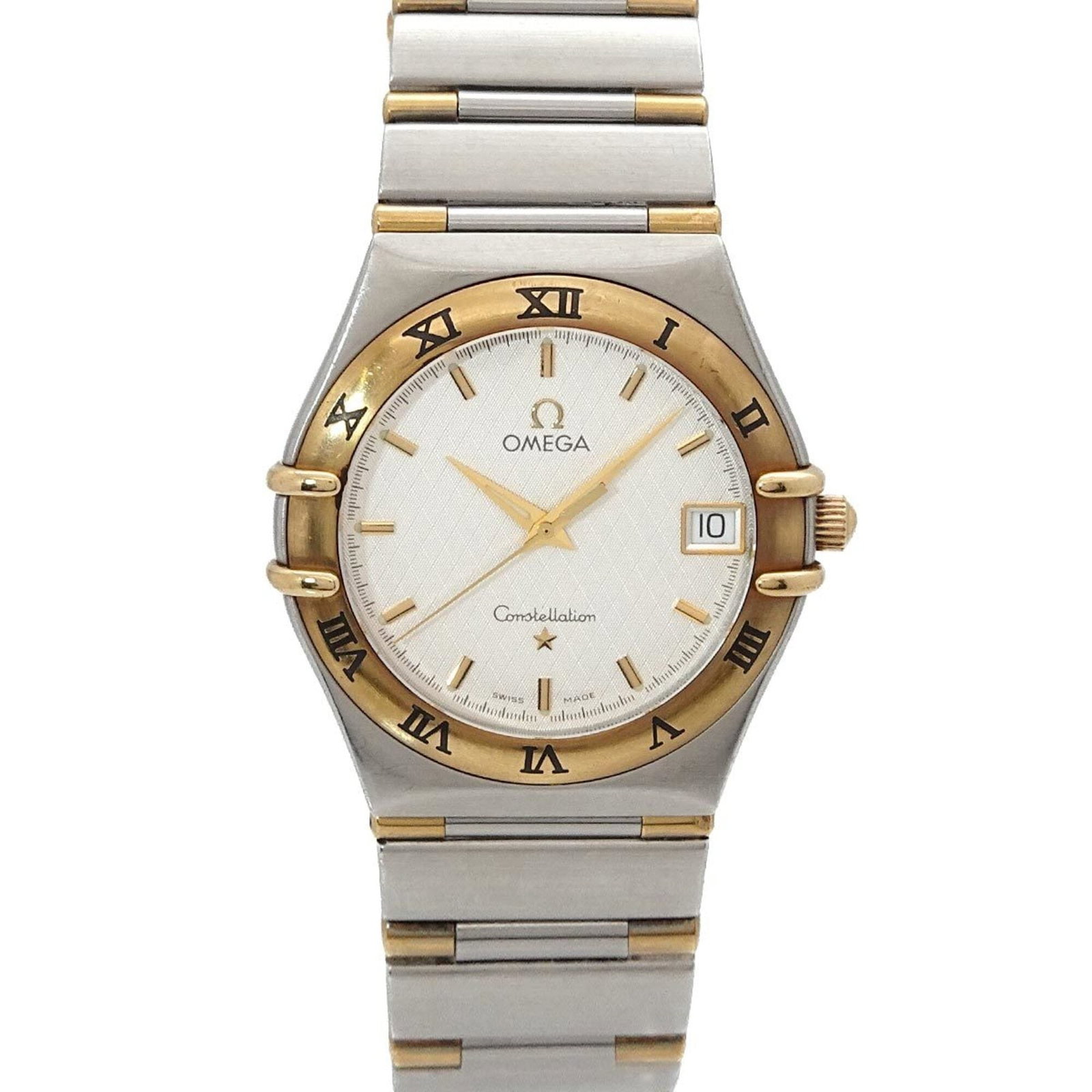 Omega Wristwatch: Omega Wristwatch Stainless steel and yellow gold make up the durable case and band of this Omega wristwatch, crafted in Switzerland. The silver dial complements the watch's sleek design, while a quart