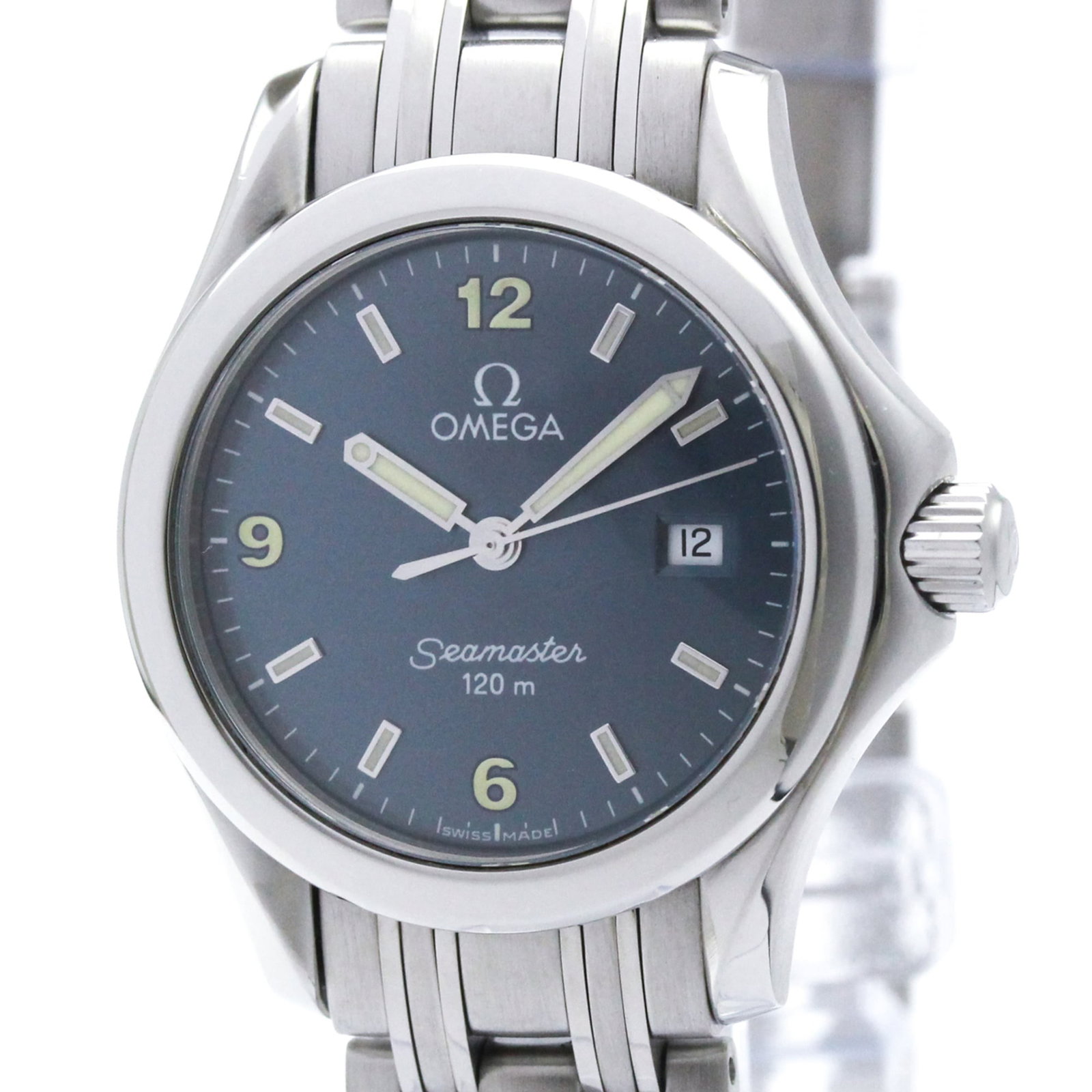 Omega Wristwatch: Omega Wristwatch Stainless steel case and band provide a sleek, sporty look. The blue dial stands out against the watch's durable construction. With its quartz movement and date function, this Omega S