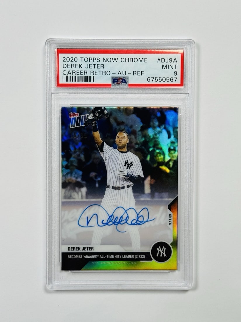 2020 TOPPS NOW CHROME DEREK JETER #DJ9A CAREER RETRO AUTO REFRACTOR/ 99 PSA 9: 2020 TOPPS NOW CHROME DEREK JETER #DJ9A CAREER RETRO AUTO REFRACTOR/ 99 PSA 9 Derek Jeter's #DJ9A Chrome Refractor features a rare Career Retro Auto, graded PSA 9. This highly sought-after autographed