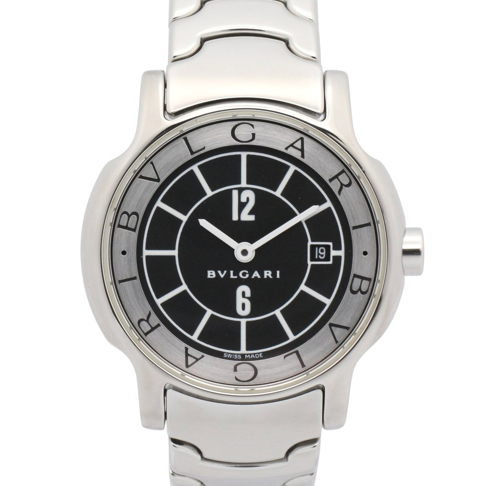 Bvlgari Wristwatch: Bvlgari Wristwatch Stainless steel case and band, black dial, quartz movement, and a sleek 29mm design make for a sophisticated timepiece. This Bvlgari wristwatch features a classic style with a