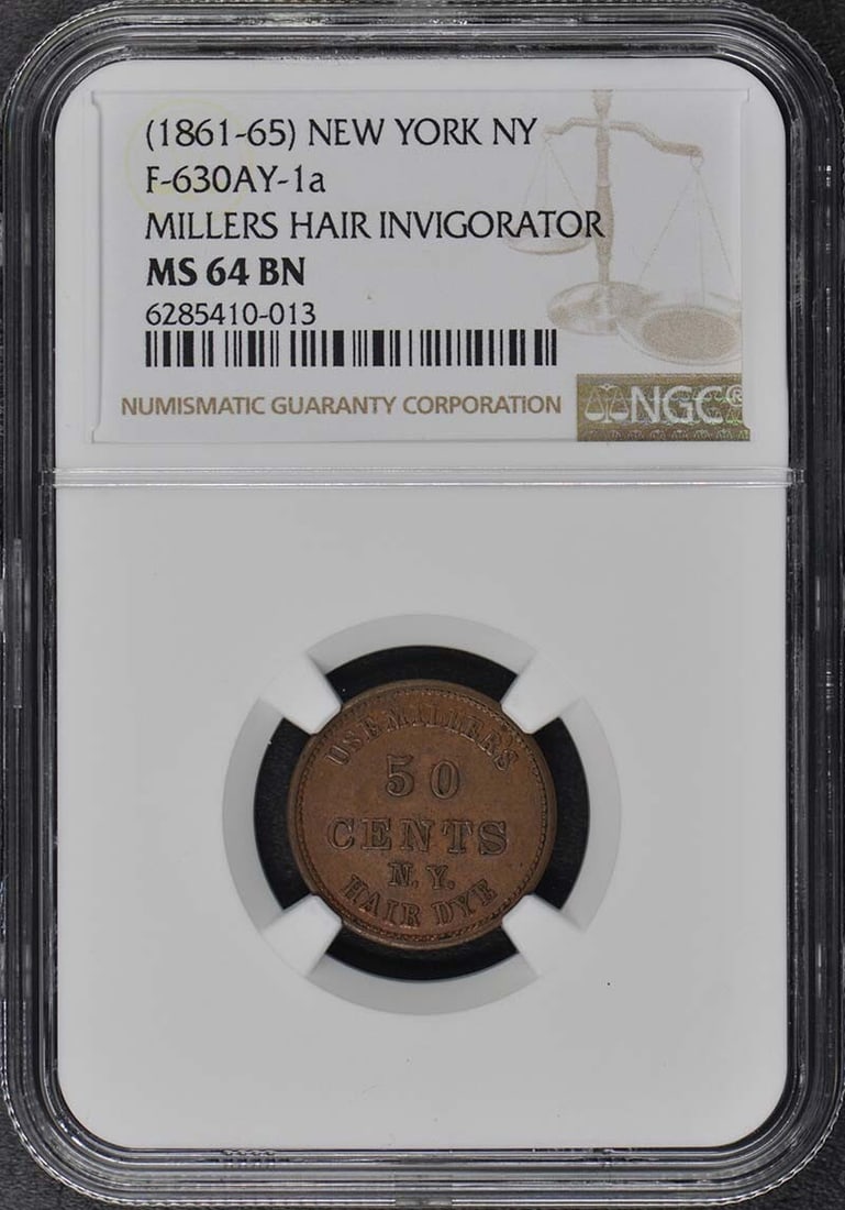 (1861-65) NEW YORK F-630AY-1a NY NGC MS64BN Millers Hair: (1861-65) NEW YORK F-630AY-1a NY NGC MS64BN Millers Hair This 1861-65 New York F-630AY-1a coin boasts an impressive MS64BN grade, showcasing its exceptional condition. The Millers Hair design, named