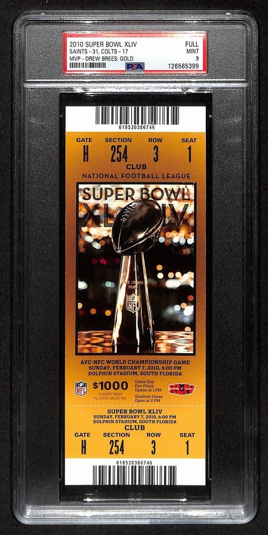 2010 Super Bowl XLIV (44) FULL TICKET Saints vs. Colts PSA MINT 9 201385: 2010 Super Bowl XLIV (44) FULL TICKET Saints vs. Colts PSA MINT 9 201385 Mint condition ticket from Super Bowl XLIV, featuring the Saints taking on the Colts in one of the most iconic games in NFL