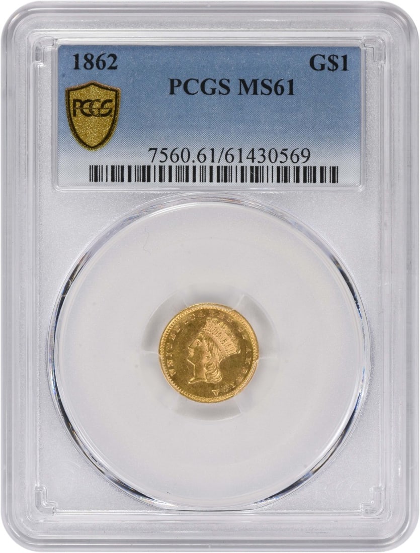 1862 $1 Gold Type 3 MS61 PCGS: 1862 $1 Gold Type 3 MS61 PCGS The 1862 $1 Gold Type 3 MS61 PCGS is a rare and historic coin, certified by the prestigious Professional Coin Grading Service (PCGS) as being in Uncirculated condition.