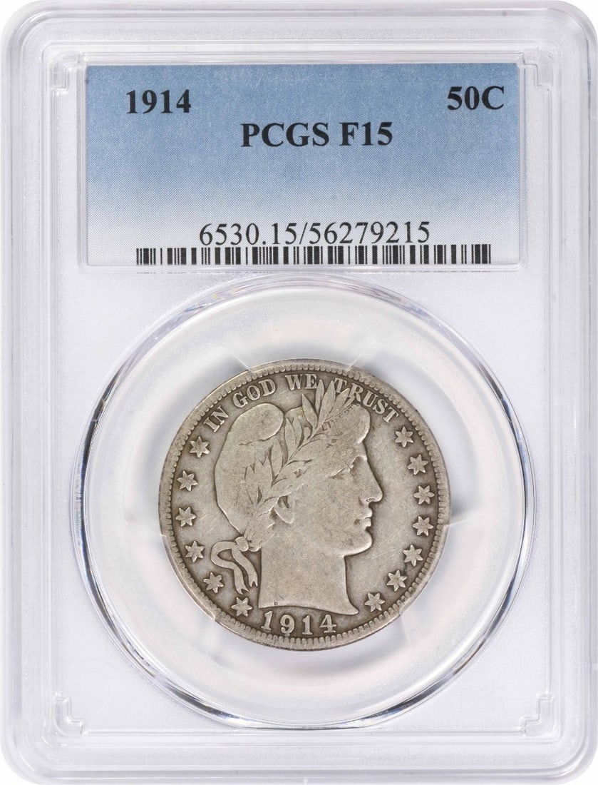PCGS F15 Half Dollar 1914 Barber Silver: PCGS F15 Half Dollar 1914 Barber Silver The PCGS F15 Half Dollar 1914 Barber Silver features a circulated grade, indicating it has seen wear and handling over the years. With its reeded edge and 90% s