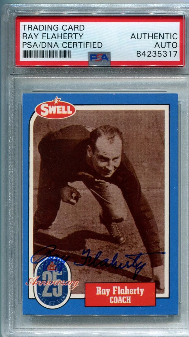 Swell football card autographed by Ray Flaherty 1988 PSA: Swell football card autographed by Ray Flaherty 1988 PSA Signed in sharpie across the front of the card, Ray Flaherty's autograph on this 1988 football card is authenticated and slabbed by PSA. The Pr