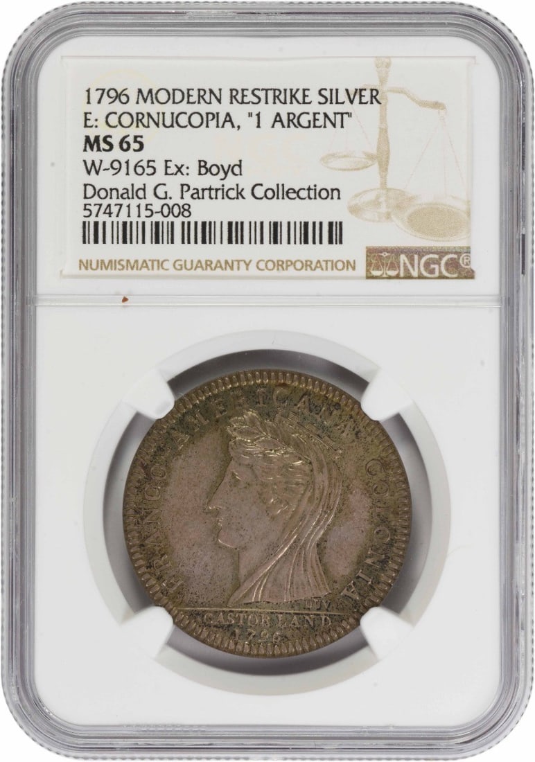 1796 Castorland Silver Medal Restrike Cornucopia MS65 NGC: 1796 Castorland Silver Medal Restrike Cornucopia MS65 NGC The 1796 Castorland Silver Medal Restrike Cornucopia MS65 NGC boasts exceptional detail and rich patina, showcasing the intricate design of th