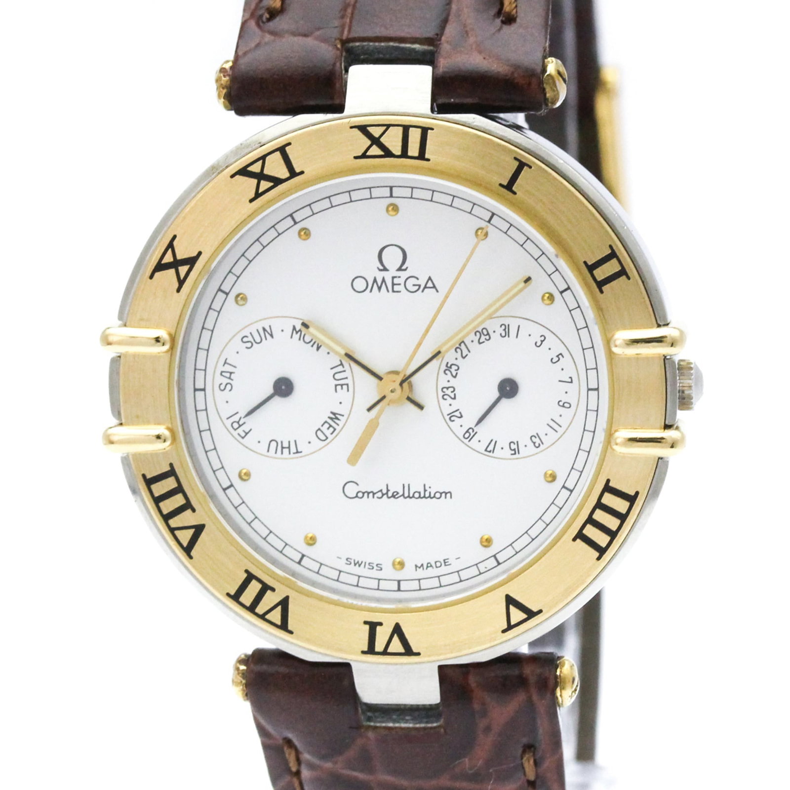 Omega Wristwatch: Omega Wristwatch Stainless steel and yellow gold (18K) combine in the Omega Constellation watch, a stylish dress wristwatch with a white dial. The quartz movement provides precise timekeeping, while t