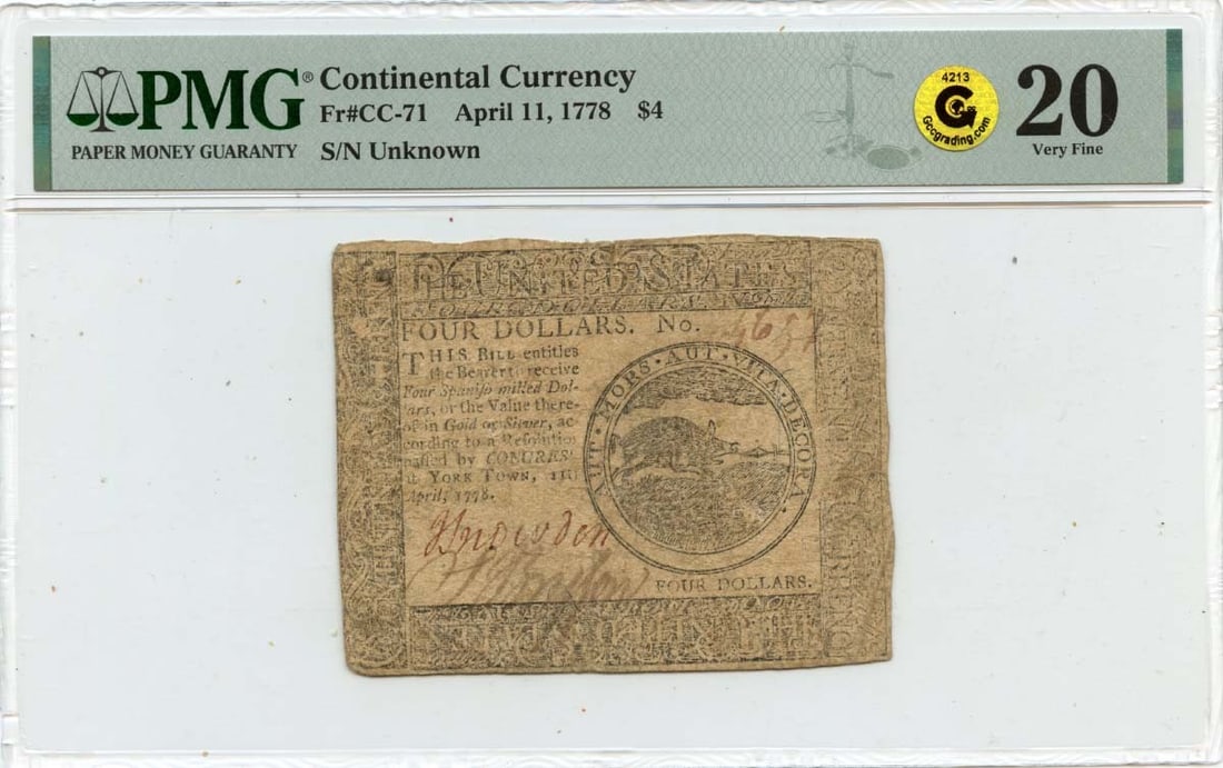 1778 April 11, $4 Continental Currency FR#CC-71 PMG VF20 GCC Gold Yorktown: 1778 April 11, $4 Continental Currency FR#CC-71 PMG VF20 GCC Gold Yorktown PMG VF20, one of the highest grades for circulated Continental Currency. This 1778 April 11 $4 note features a unique PMG cer