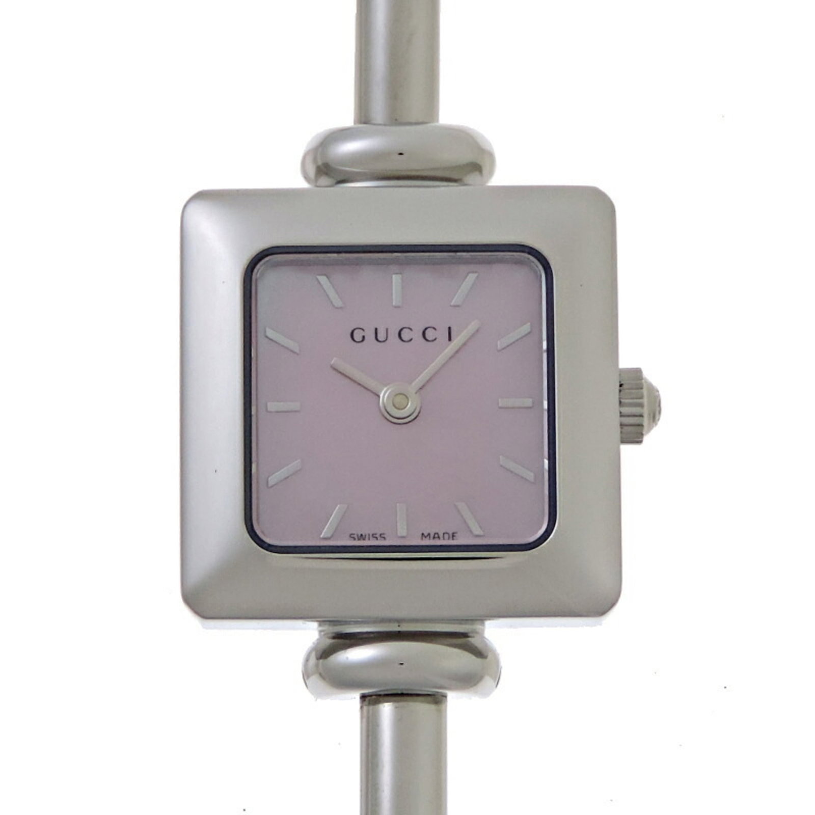 Wristwatch from Gucci: Wristwatch from Gucci Stainless steel case and band add an edgy touch to this Gucci women's wristwatch, featuring a quartz movement for reliable timekeeping. The watch measures 15.3cm in length, makin