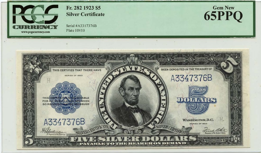 1923 $5 Silver Certificate FR#282 PCGS GEM 65 PPQ Porthole: 1923 $5 Silver Certificate FR#282 PCGS GEM 65 PPQ Porthole Uncirculated $5 Silver Certificate from 1923, graded MS65 by PCGS, features an eye-catching Porthole design. This rare note has been meticulo