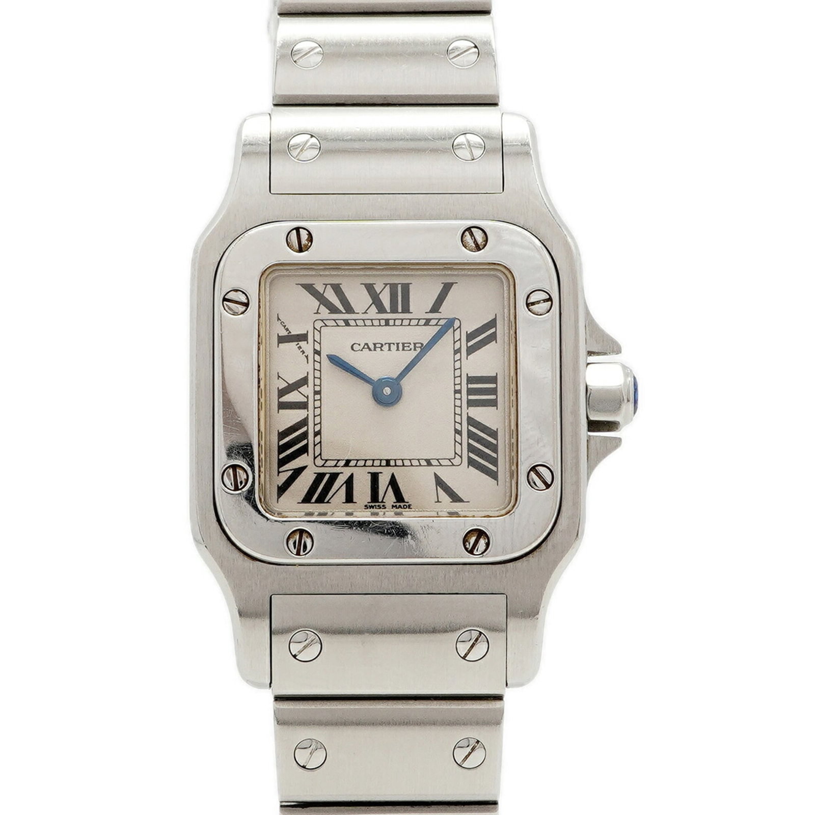 Cartier Wristwatch: Cartier Wristwatch Stainless steel band adds a touch of modernity to the classic Cartier design, while the ivory dial provides a subtle pop of elegance. This quartz-powered wristwatch boasts a sleek c