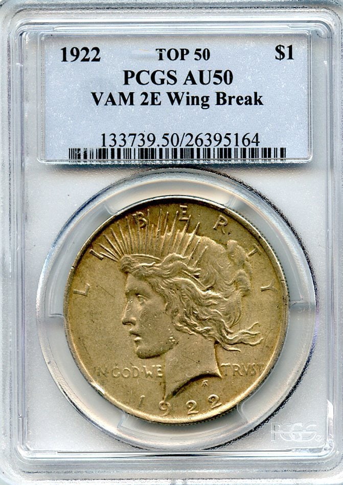 C4688- 1922 VAM-2E WING BREAK TOP 50 PEACE DOLLAR PCGS AU50: C4688- 1922 VAM-2E WING BREAK TOP 50 PEACE DOLLAR PCGS AU50 The 1922 VAM-2E Wing Break Top 50 Peace Dollar features a unique design element, the wing break top, which sets it apart from other