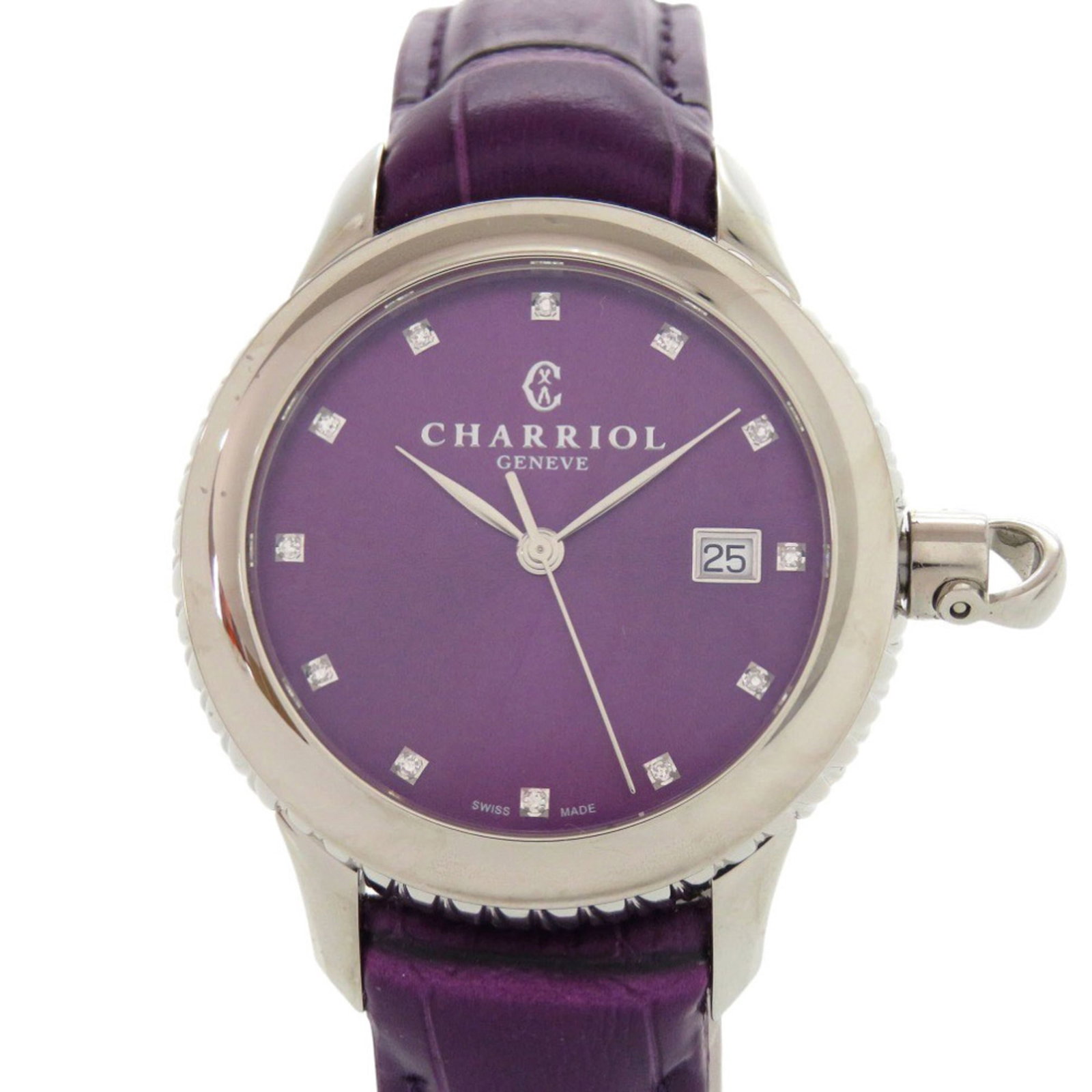 Wristwatch by Charriol: Wristwatch by Charriol Stylish and sophisticated, this Charriol wristwatch boasts an elegant purple dial adorned with a diamond gemstone. Crafted from high-quality stainless steel and embossed leather