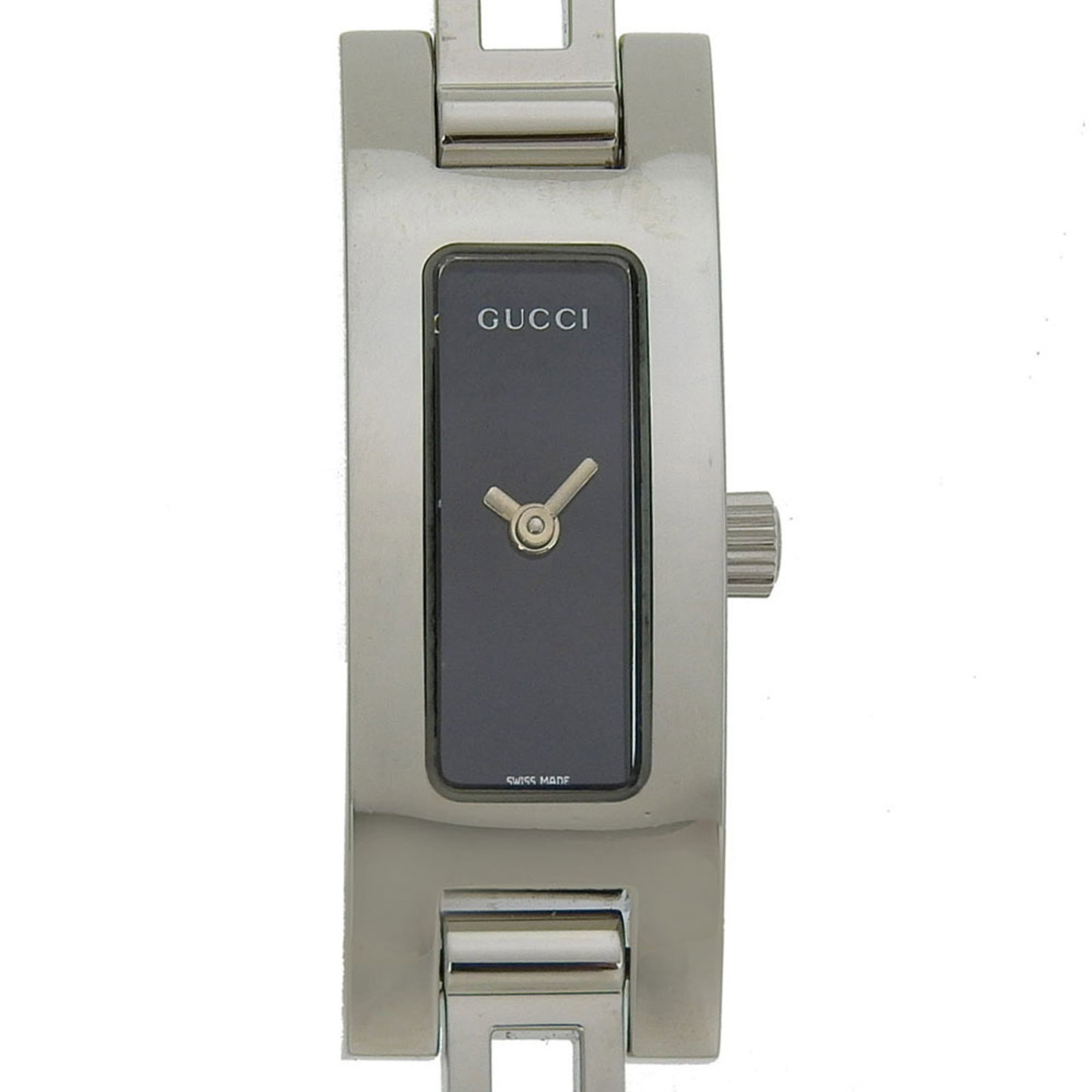 Wristwatch from Gucci: Wristwatch from Gucci Stainless steel case and band add a touch of modern sophistication to this sleek black quartz wristwatch from Gucci. With its compact 12mm diameter and adjustable 15.5cm length, 