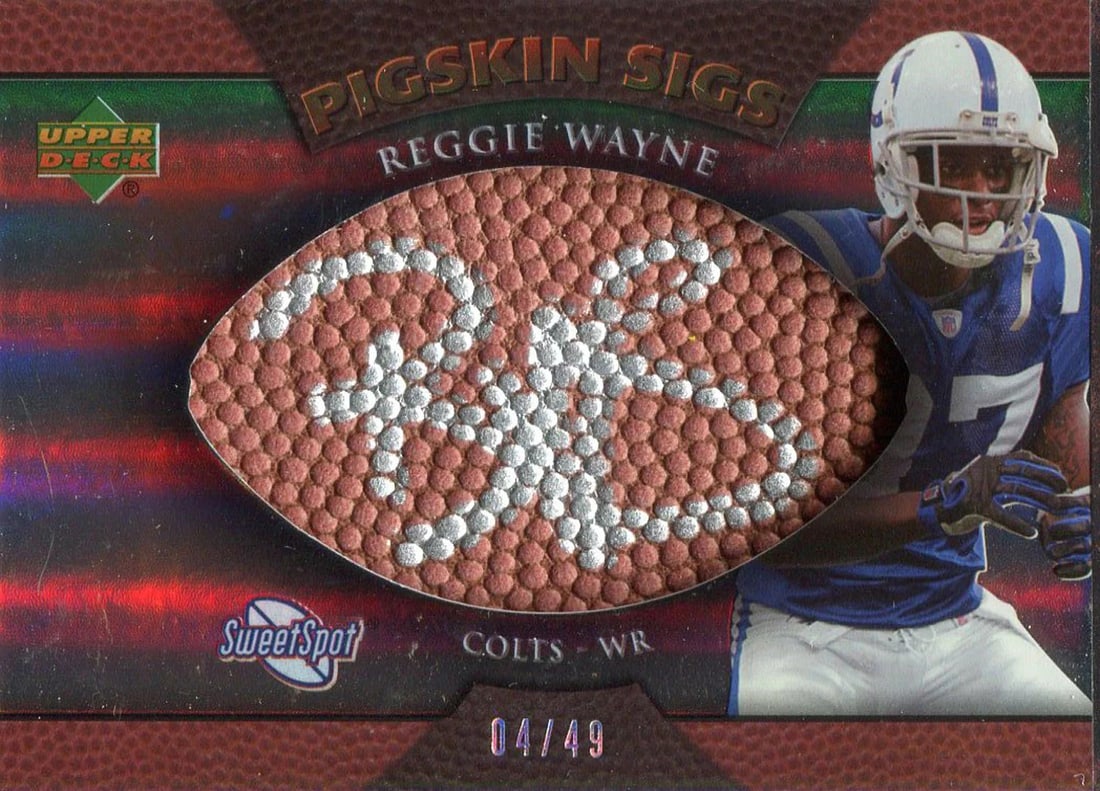 Reggie Wayne Autographed 2007 Upper Deck Pigskin Sigs Card: Reggie Wayne Autographed 2007 Upper Deck Pigskin Sigs Card Signed in silver sharpie across the front, Reggie Wayne's signature adds a touch of authenticity to this 2007 Upper Deck Pigskin Sigs Card.