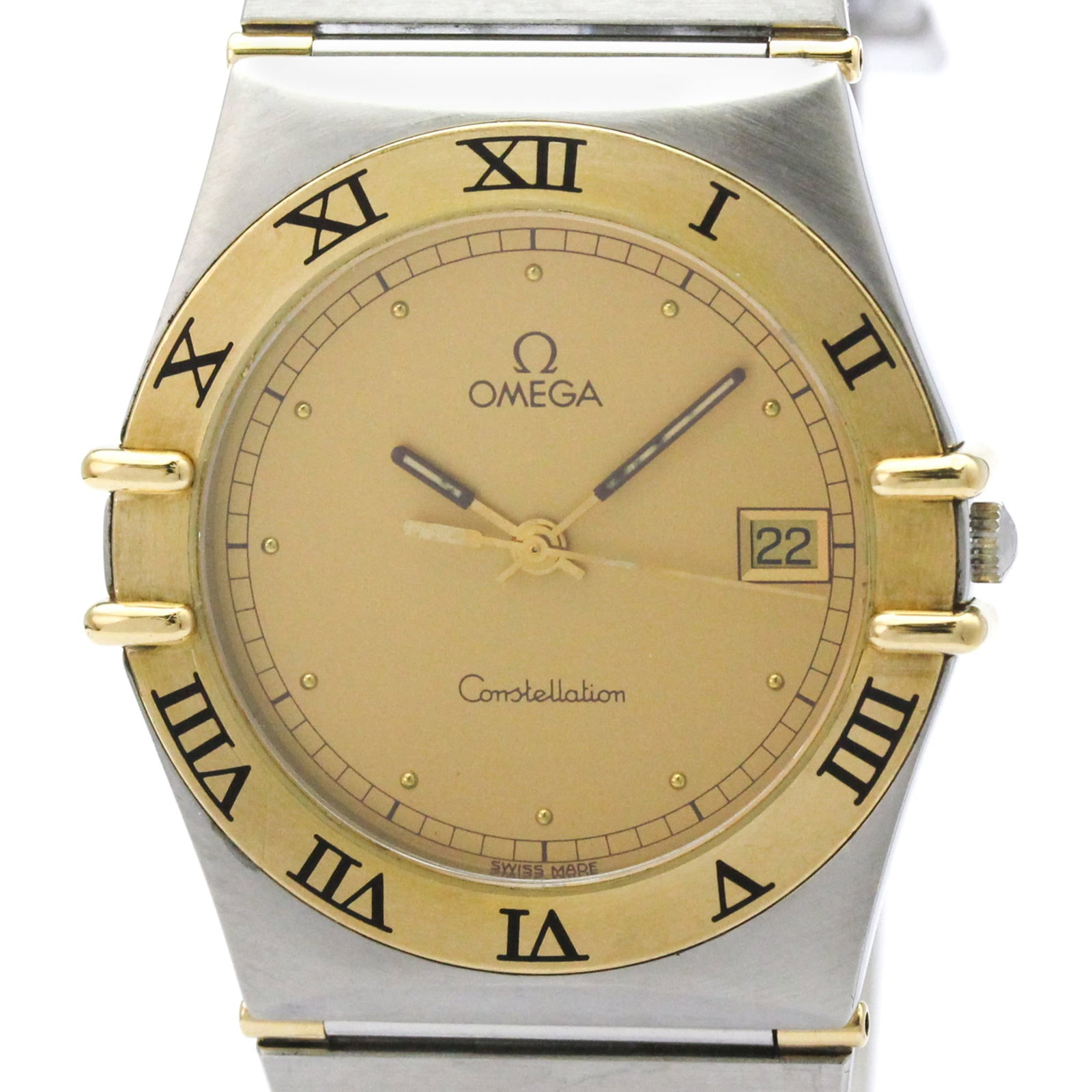 Omega Wristwatch: Omega Wristwatch Omega Constellation Wristwatch with Yellow Gold Case and Band, featuring a gold dial and quartz movement. This 33mm stainless steel and yellow gold watch weighs 70g and comes with no 