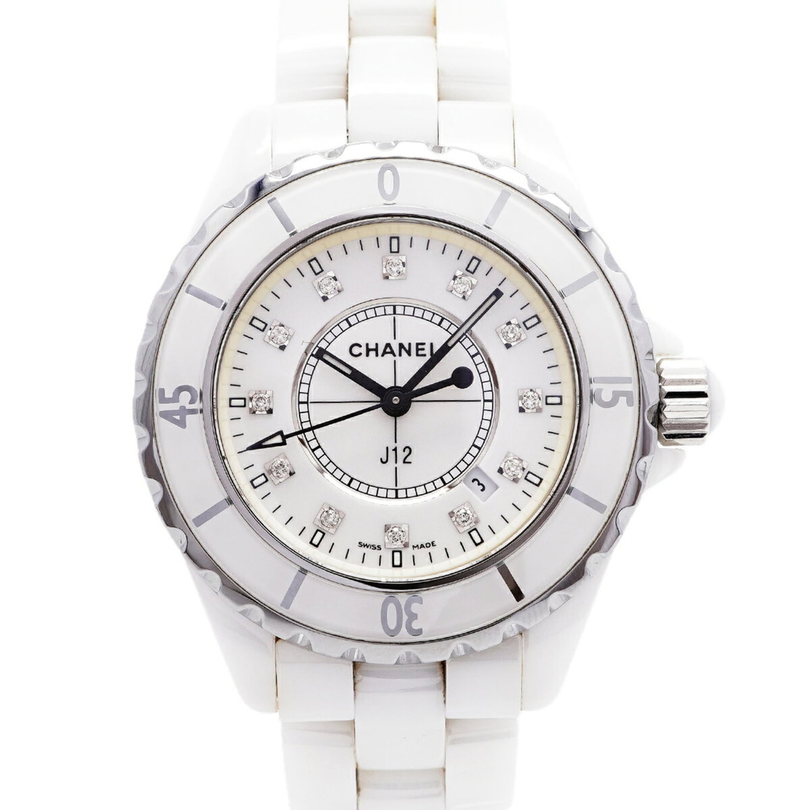 Chanel Wristwatch: Chanel Wristwatch Ceramic band and white dial make for a sleek, modern look in this Chanel wristwatch. Measuring 33.9mm in diameter, it's designed to fit wrists up to 15cm in size. Powered by a quartz