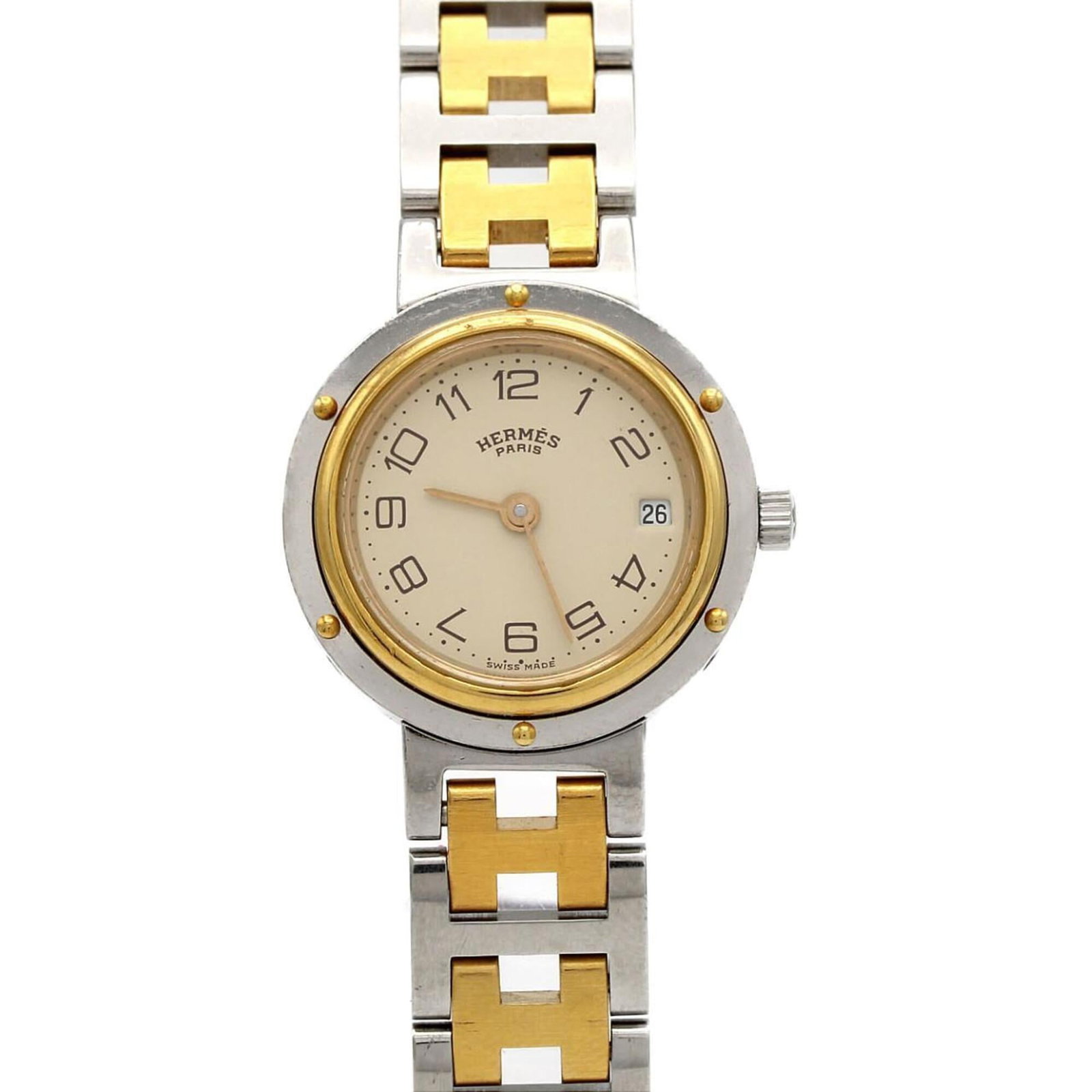 Hermes Wristwatch: Hermes Wristwatch Gold plated and stainless steel construction, the Hermes Wristwatch boasts a sleek 24mm case diameter. Featuring an ivory dial and quartz movement, this timepiece combines classic st