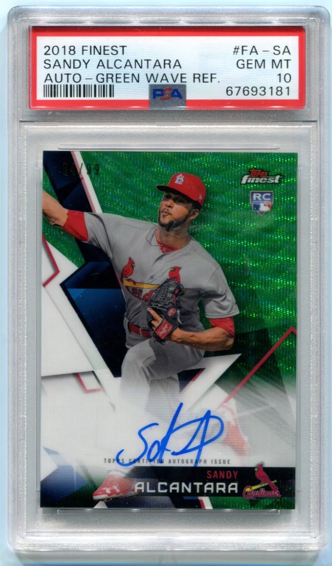 2018 Finest Sandy Alcantara Auto Green Wave Refractor 04/ 99 PSA 10: 2018 Finest Sandy Alcantara Auto Green Wave Refractor 04/ 99 PSA 10 The 2018 Finest Sandy Alcantara Auto Green Wave Refractor boasts a stunning PSA 10 grade, showcasing exceptional centering and