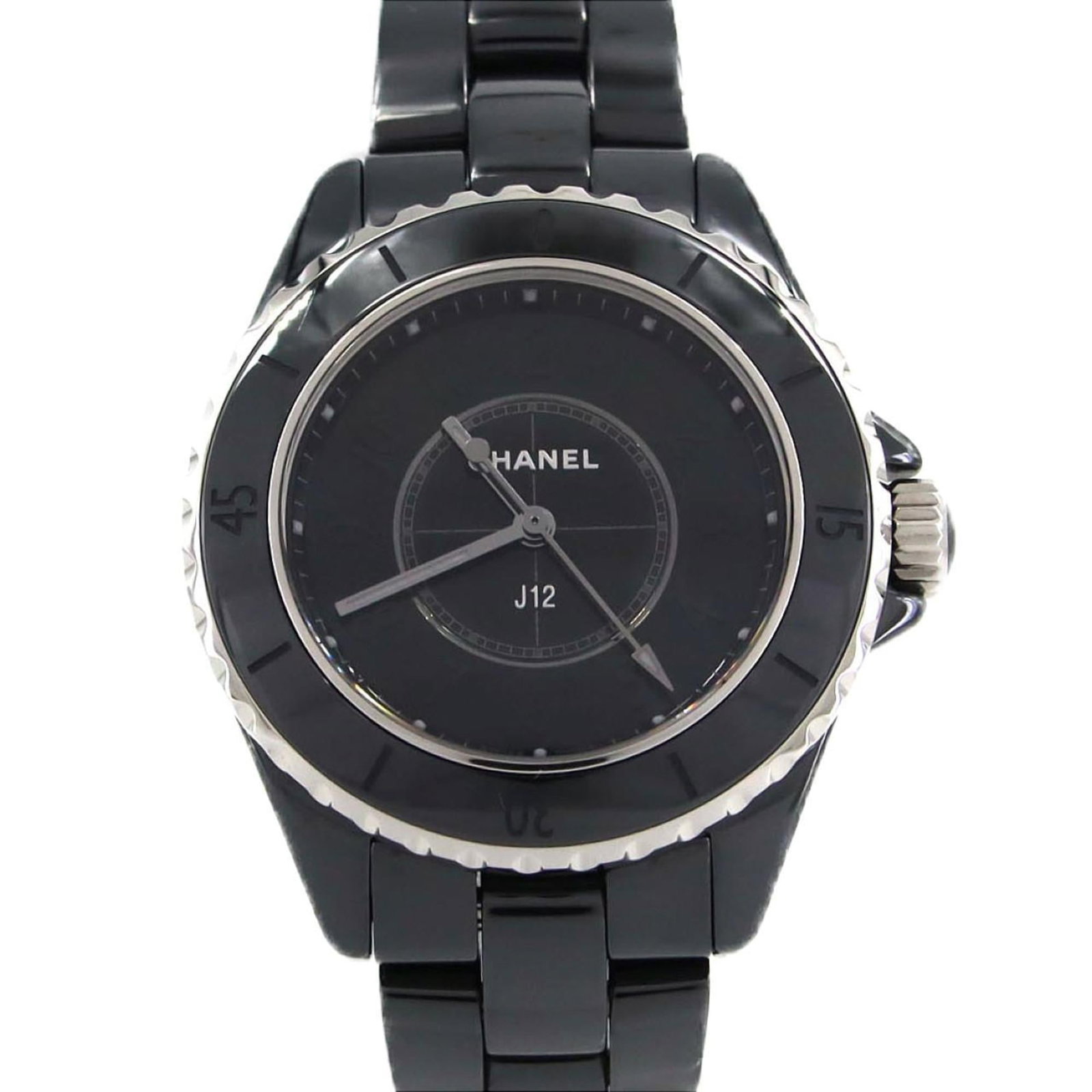 Chanel Wristwatch: Chanel Wristwatch Ceramic case and band create a sleek, modern look for this Chanel wristwatch. The black dial features an analog display, while the quartz movement keeps time with precision. With