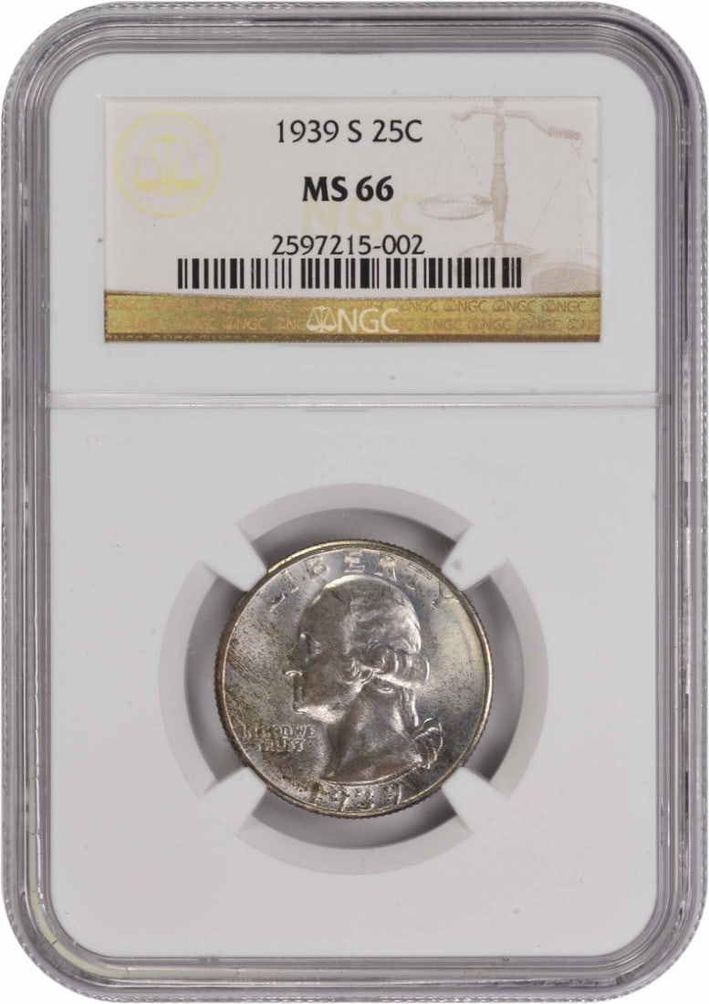 1939-S Washington Silver Quarter MS66 NGC: 1939-S Washington Silver Quarter MS66 NGC The 1939-S Washington Silver Quarter MS66 NGC boasts exceptional condition, with its reeded edge and detailed design showcasing the work of renowned artist Jo