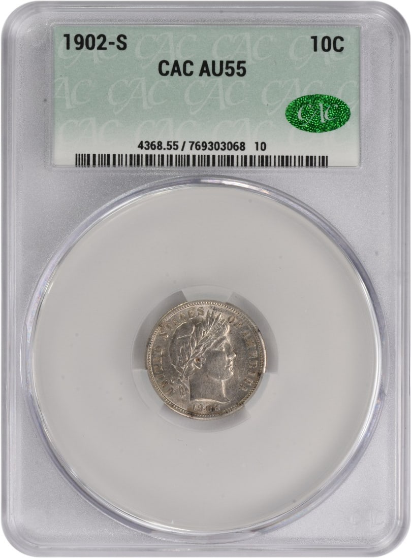 Barber Silver Dime AU55 CACG 1902 S: Barber Silver Dime AU55 CACG 1902 S The Barber Silver Dime features a distinctive reeded edge and weighs 2.50 grams, making it a notable coin in its class. With an AU55 grade and CACG Circulated/Uncir
