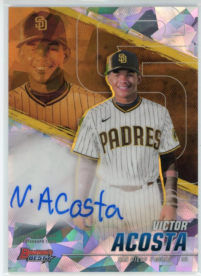 Victor Acosta Autographed 2021 Bowman's Best Refractor Card #B21-VA: Victor Acosta Autographed 2021 Bowman's Best Refractor Card #B21-VA Topps Victor Acosta Autographed 2021 Bowman's Best Refractor Card #B21-VA features a factory signed card in blue sharpie across the 