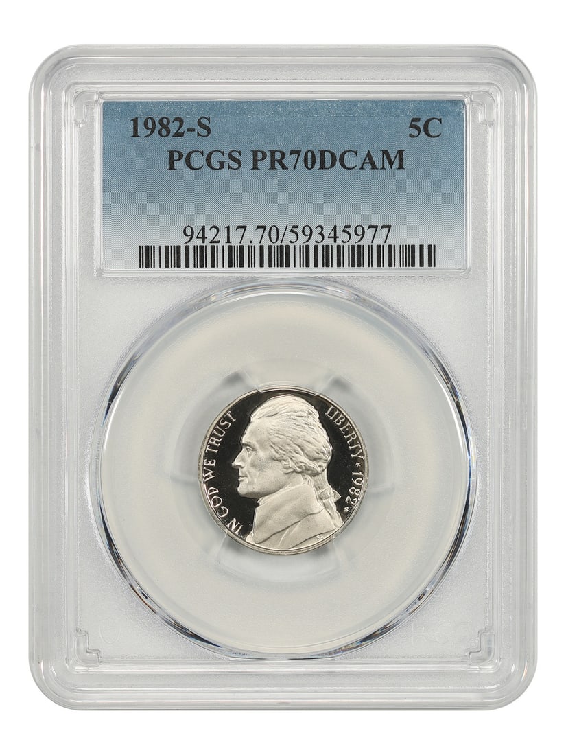 1982-S 5C PCGS PR70DCAM - Jefferson Nickel: 1982-S 5C PCGS PR70DCAM - Jefferson Nickel The 1982-S Jefferson Nickel, graded PR70DCAM by PCGS, boasts exceptional mint state condition with deep cameo contrast. This uncirculated coin showcases the