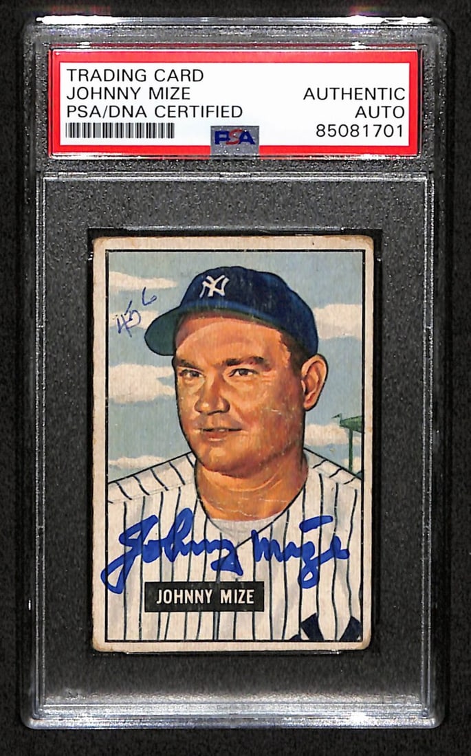 Johnny Mize HOF Signed 1951 Bowman Card #50 New York Yankees PSA/ DNA 184487: Johnny Mize HOF Signed 1951 Bowman Card #50 New York Yankees PSA/ DNA 184487 Johnny Mize's 1951 Bowman card, featuring the Hall of Famer as the New York Yankees' first baseman, is a highly sought-afte
