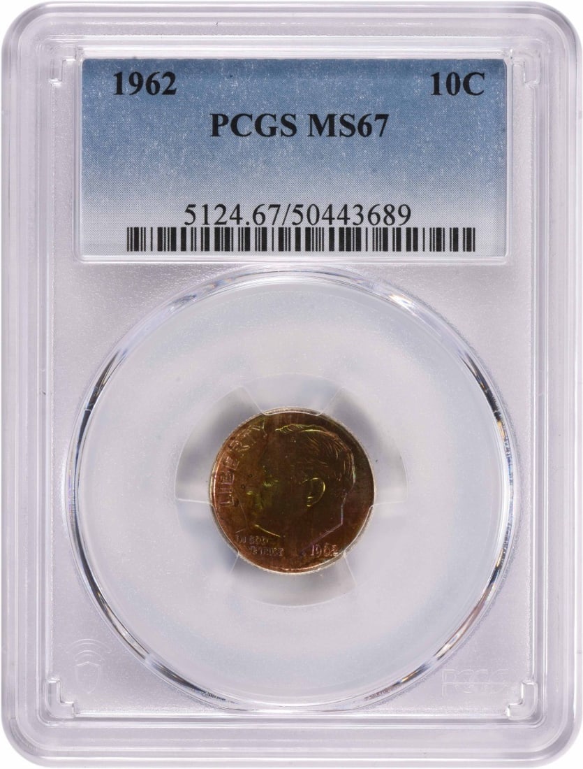 MS67 PCGS Roosevelt Dime Colorful Toning 1962: MS67 PCGS Roosevelt Dime Colorful Toning 1962 MS67 PCGS Roosevelt Dime Colorful Toning 1962, certified by the prestigious Professional Coin Grading Service (PCGS) with a high grade of MS67. This uncir