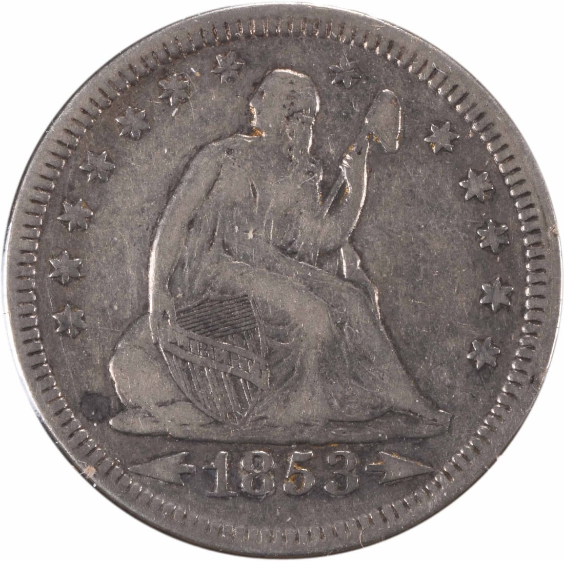 Liberty Seated Silver Quarter 1853/ 4 FS-301 EF Uncertified: Liberty Seated Silver Quarter 1853/ 4 FS-301 EF Uncertified The Liberty Seated Silver Quarter 1853/4 FS-301 EF Uncertified features an intricate design by Robert Ball Hughes and Christian Gobrecht, sh