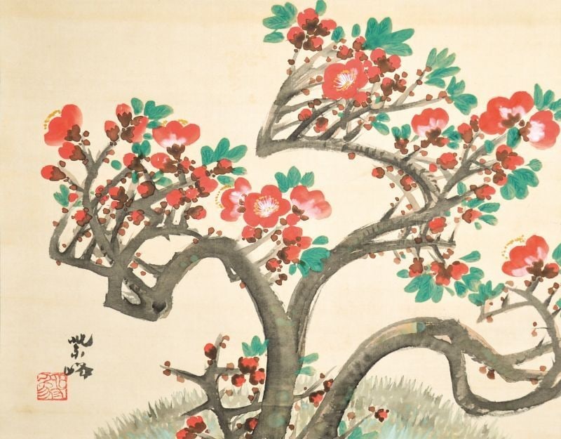 Sakakibara Shiho Japanese Hanging Scroll Kakejiku Flowering Quince Nihonga: Sakakibara Shiho Japanese Hanging Scroll Kakejiku Flowering Quince Nihonga Item Specifics: Artist: Sakakibara Shiho Subject: Flowering Quince (Boke) Material: Ink and Color on Silk Style: Japanese Yea