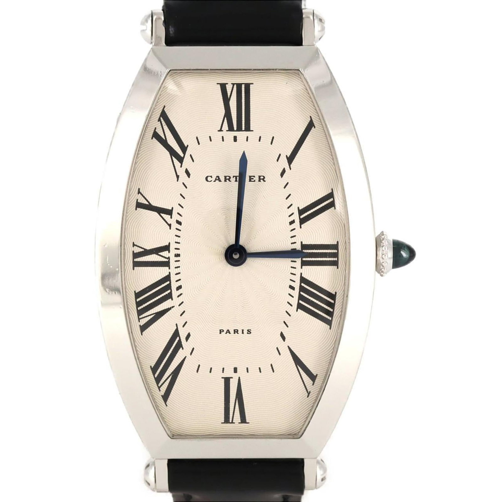 Cartier Wristwatch: Cartier Wristwatch Platinum case, silver dial, and black band make for a sleek and sophisticated timepiece. This manual winding mechanical wristwatch boasts a classic design with a diameter of 26.5mm.
