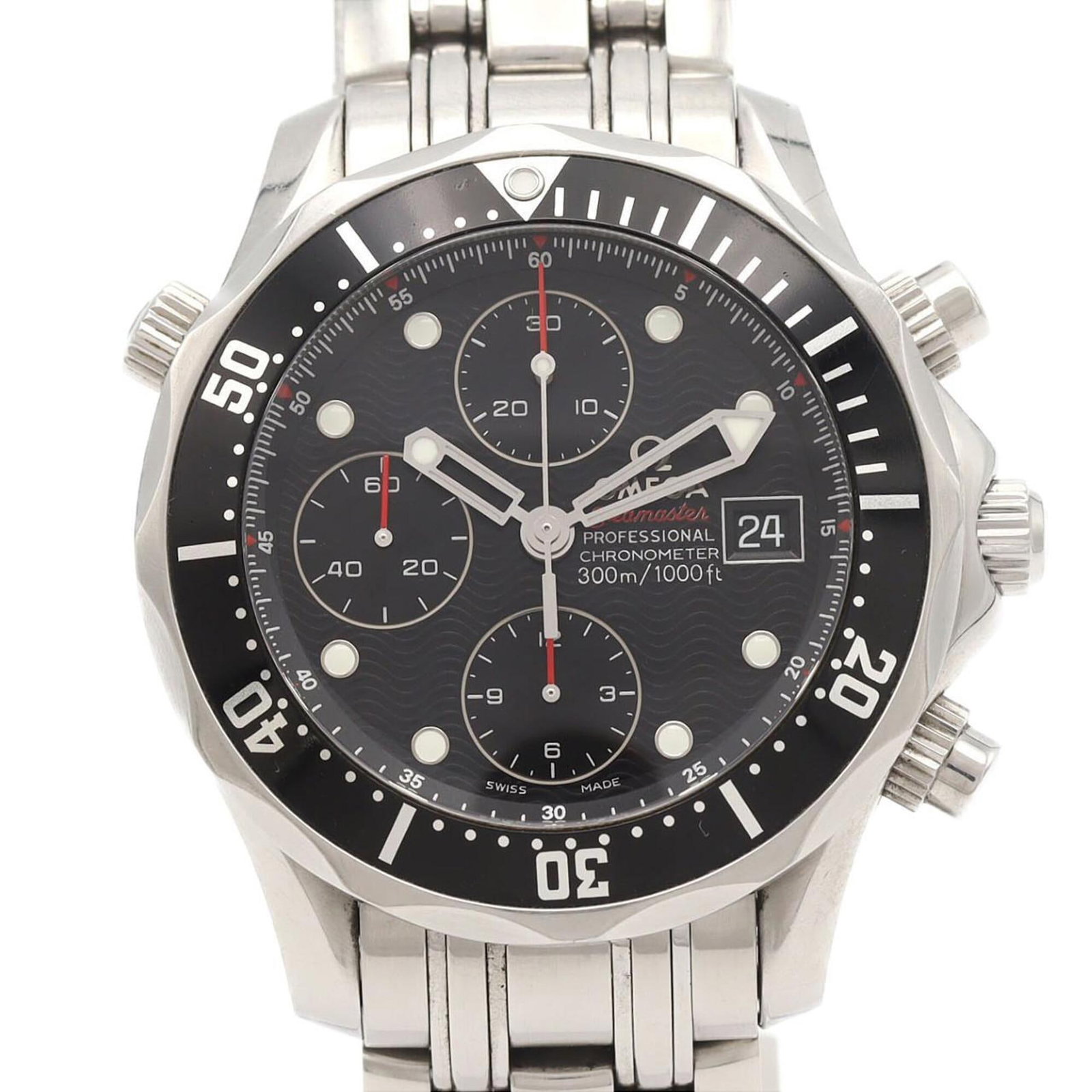 Omega Wristwatch: Omega Wristwatch Stainless steel case and band, paired with a black dial, make for a sleek and modern design. This Omega wristwatch features a self-winding automatic movement and measures 42mm in diam