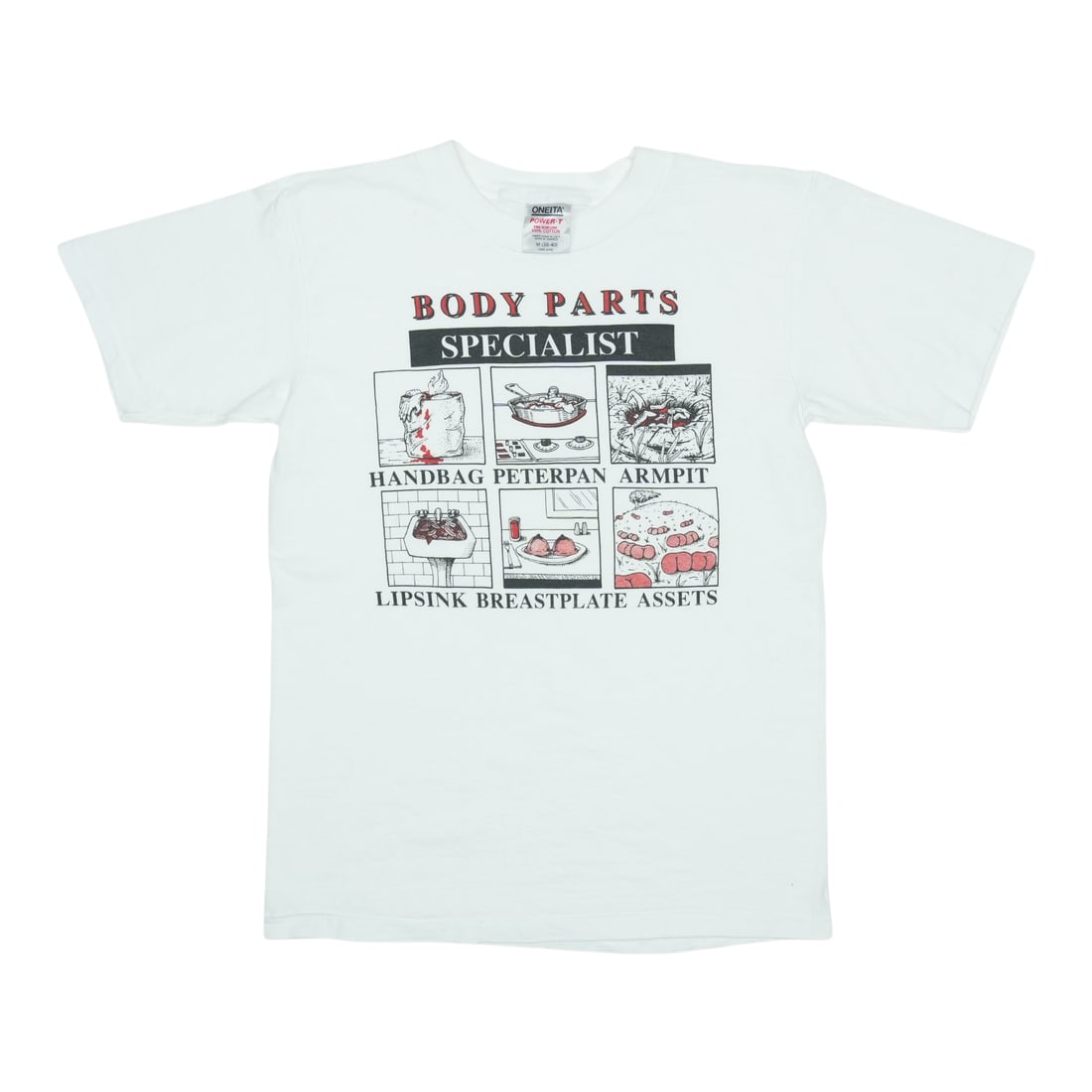 1990s Body Parts Specialist Shirt: 1990s Body Parts Specialist Shirt This bold and eye-catching shirt from the 1990s showcases an eclectic mix of body parts, making it a true relic of the era's quirky fashion sense. The vibrant colors 