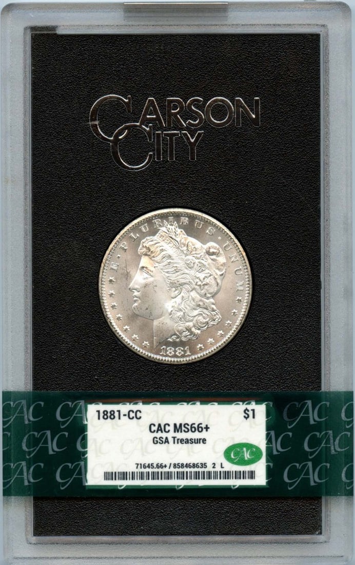 1881-CC Morgan Dollar GSA HOARD S$1 CACG MS66+ CAC: 1881-CC Morgan Dollar GSA HOARD S$1 CACG MS66+ CAC The 1881-CC Morgan Dollar GSA HOARD S$1 CACG MS66+ CAC is an uncirculated coin with a high grade, boasting exceptional condition and detail. Certifie