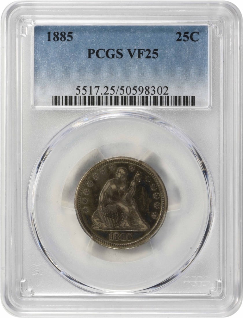 1885 Liberty Seated Silver Quarter VF25 PCGS: 1885 Liberty Seated Silver Quarter VF25 PCGS The 1885 Liberty Seated Silver Quarter is a circulated coin with a PCGS certification, bearing the signature of its creator. This coin features Seated Libe