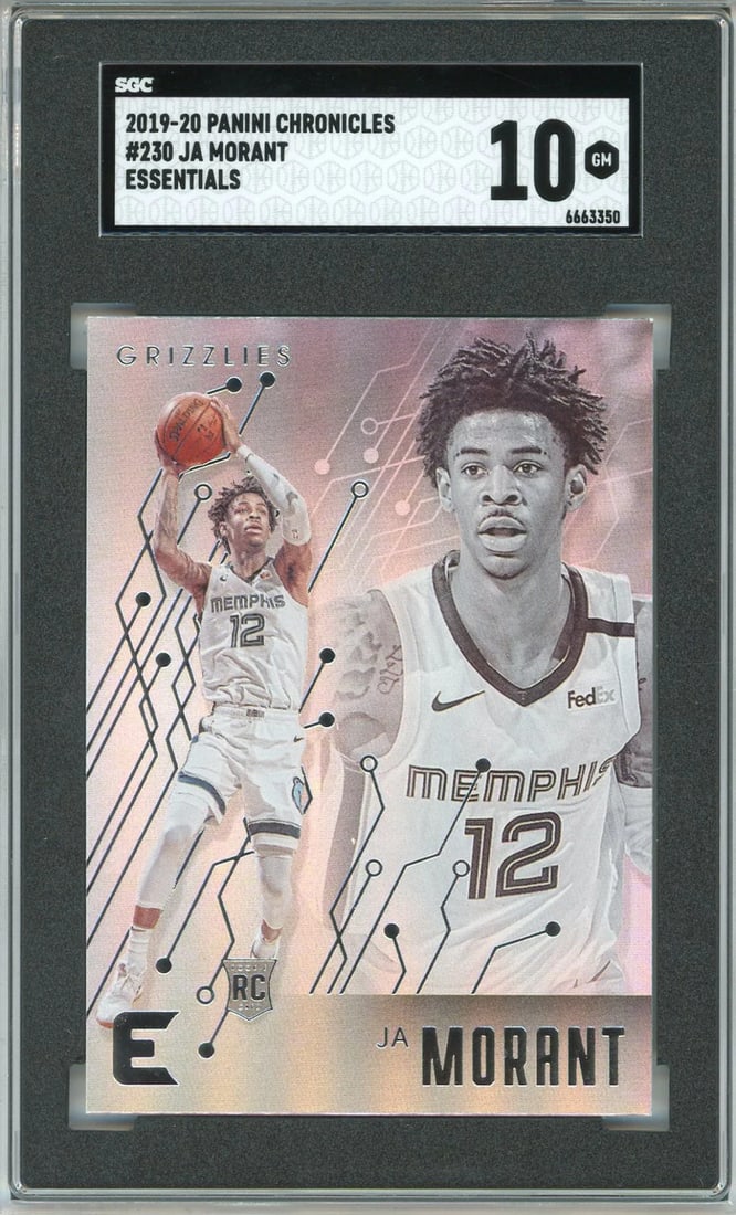 Ja Morant 2019-20 Panini Chronicles Essentials Rookie Card #230 (SGC 10): Ja Morant 2019-20 Panini Chronicles Essentials Rookie Card #230 (SGC 10) SGC Gem Mint 10 graded and slabbed rookie card #230 from the Ja Morant 2019-20 Panini Chronicles Essentials set, showcasing a