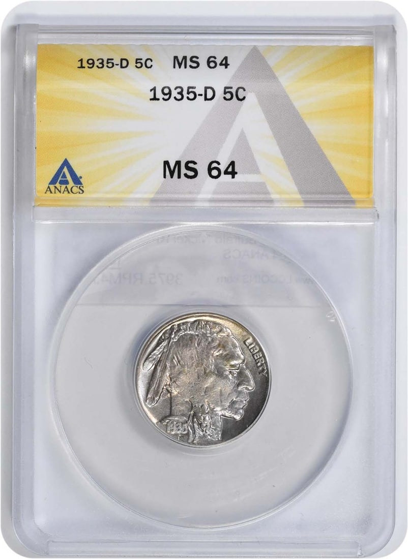 1935-D/ D Buffalo Nickel RPM 4 MS64 ANACS: 1935-D/ D Buffalo Nickel RPM 4 MS64 ANACS The 1935-D Buffalo Nickel RPM 4 MS64 ANACS features a circulated grade with a high level of detail preservation, showcasing its well-worn surface. Certified b