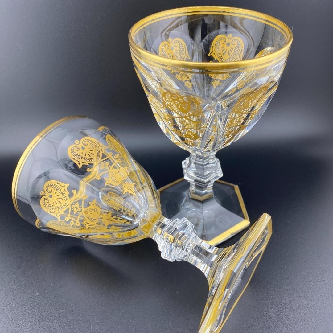 Crystal wine glasses gold rim pair vintage France empire. (1 of 9)