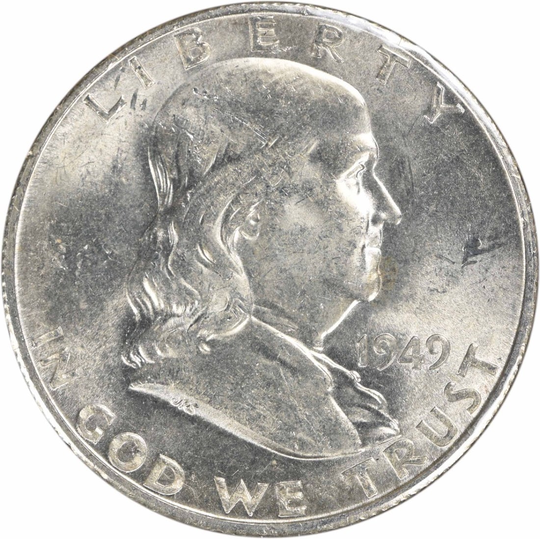 1949-S/ S Franklin Silver Half Dollar RPM1 Choice BU Uncertified: 1949-S/ S Franklin Silver Half Dollar RPM1 Choice BU Uncertified The 1949-S/ S Franklin Silver Half Dollar features a Choice BU Uncertified design, showcasing the iconic image of Benjamin Franklin on