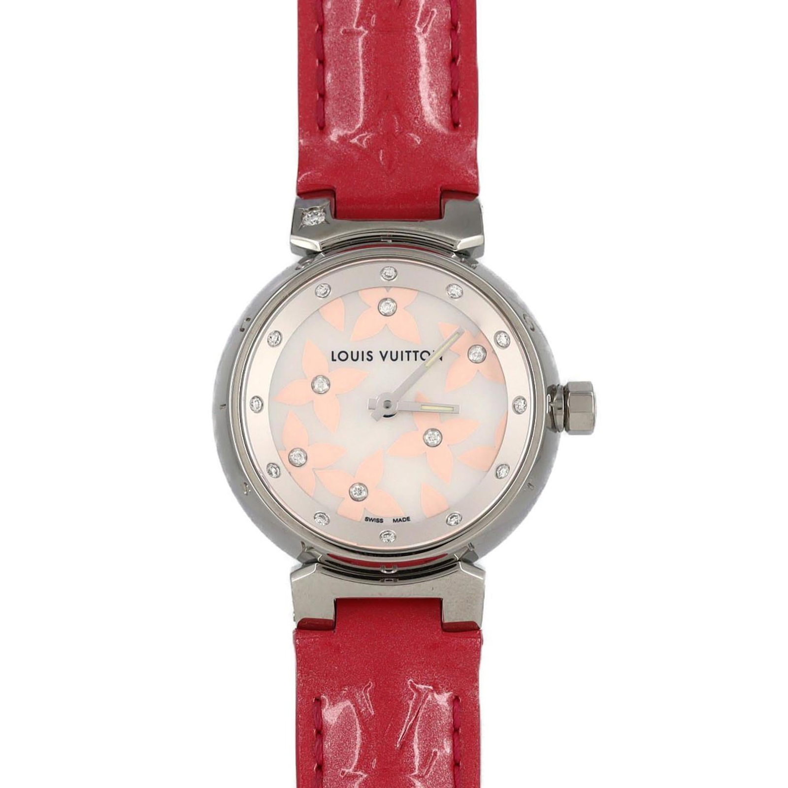 Louis Vuitton Wristwatch: Louis Vuitton Wristwatch Stainless steel case and white dial make for a sleek, modern look in this Louis Vuitton wristwatch. The quartz movement ensures reliable timekeeping, while the compact 28mm de