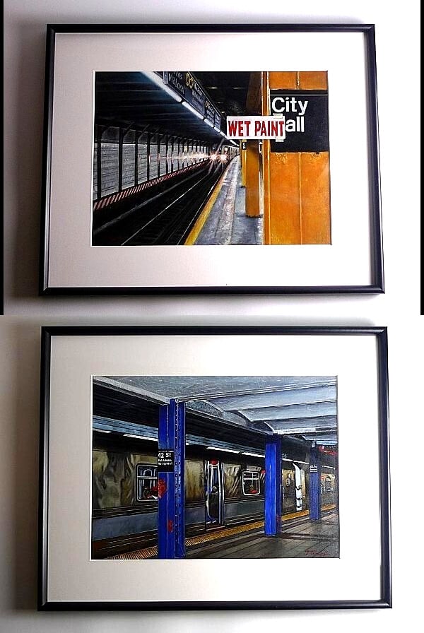 Janet Ternoff (USA) NYC Subway Station Oil Paintings on Canvas Framed 2 Set (1 of 2)
