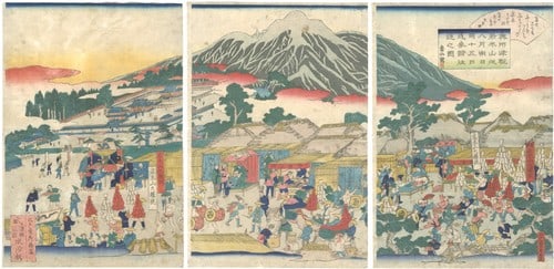 Utagawa Pilgrims Tsugaru Mutsu on Mount Iwaki Sadahide Print: Utagawa Pilgrims Tsugaru Mutsu on Mount Iwaki Sadahide Print Item Specifics: Artist: Sadahide Subject: Mount Iwaki Pilgrimage Landscape Japanese Customs Material: Washi Paper and Ink Style: Japanese Y