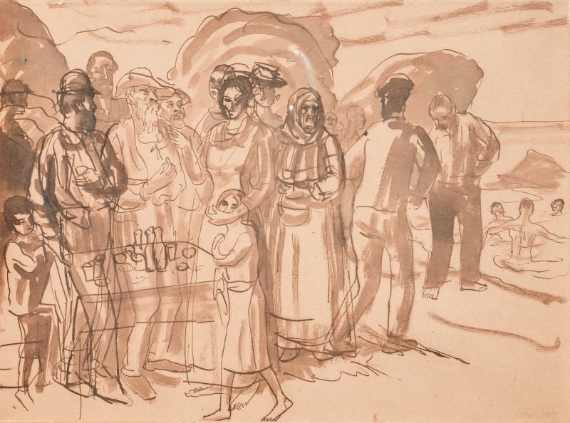 Augustus John Original Watercolor Drawing Framed Crowd Post Impressionist Art (1 of 2)
