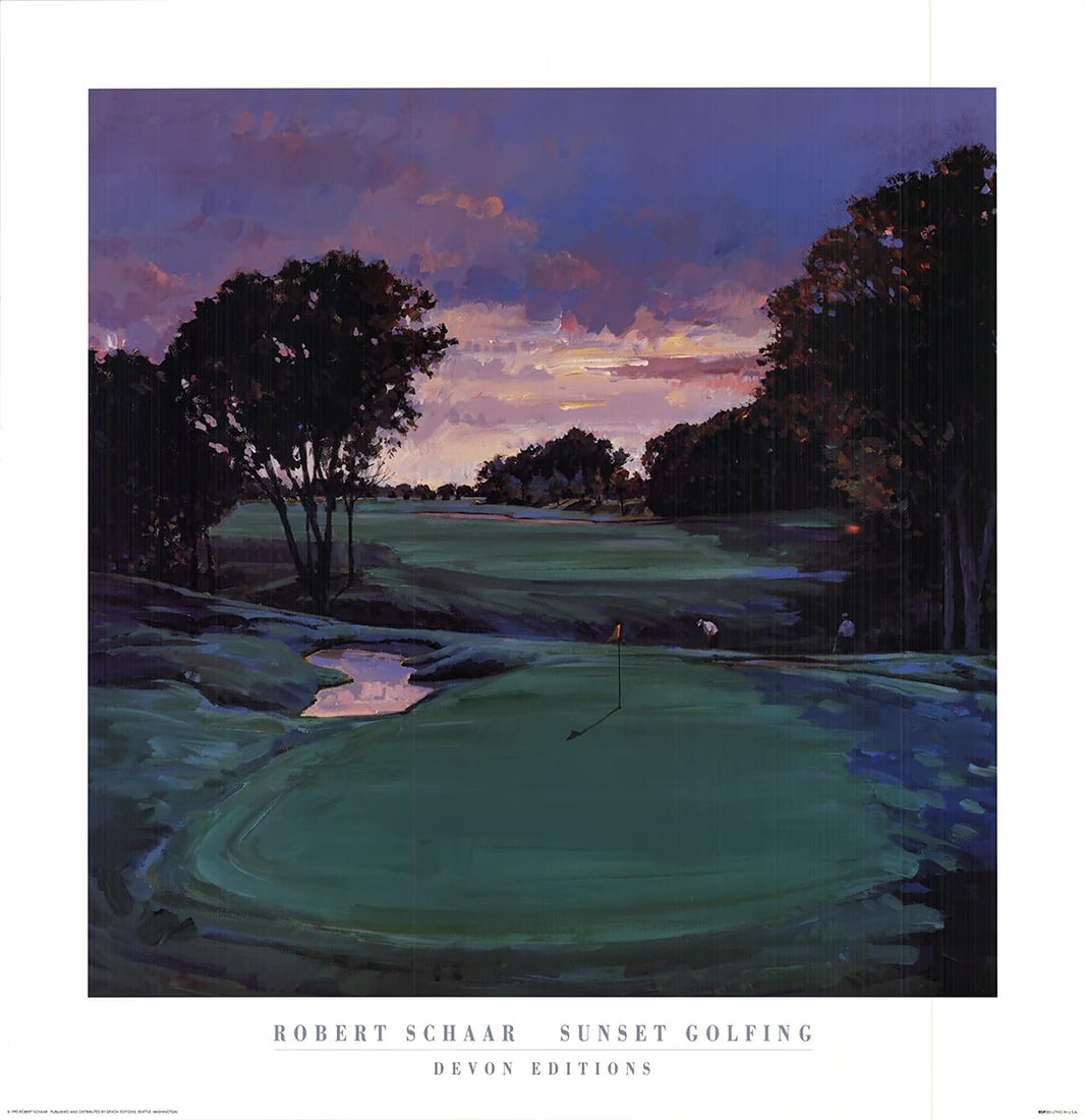 Robert Schaar Contemporary Offset Lithograph 1992 32 x 31 Golfing Sunset (1 of 4)