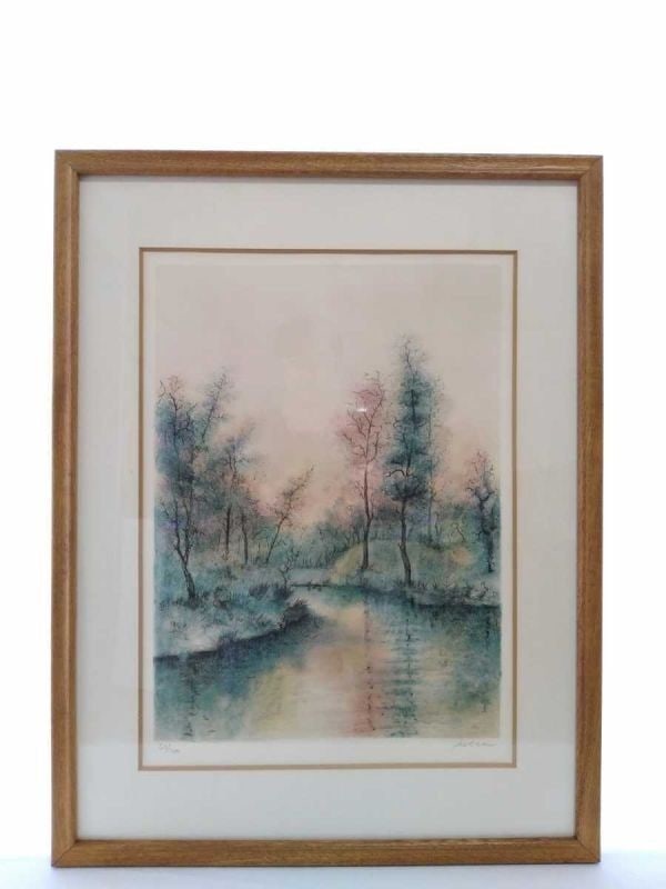 Signed Antonio Rivera Lithograph Landscape by Forest Water 200/ 64 Spanish (1 of 10)
